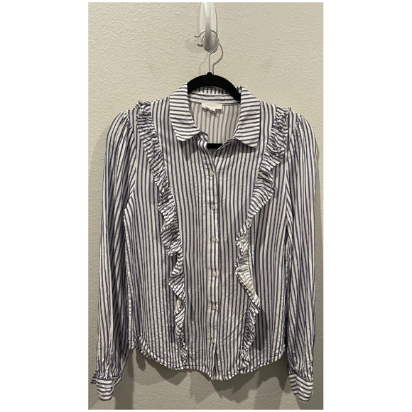 a loves a Tops - A LOVES A Striped Blue White Long Sleeve Ruffle Blouse